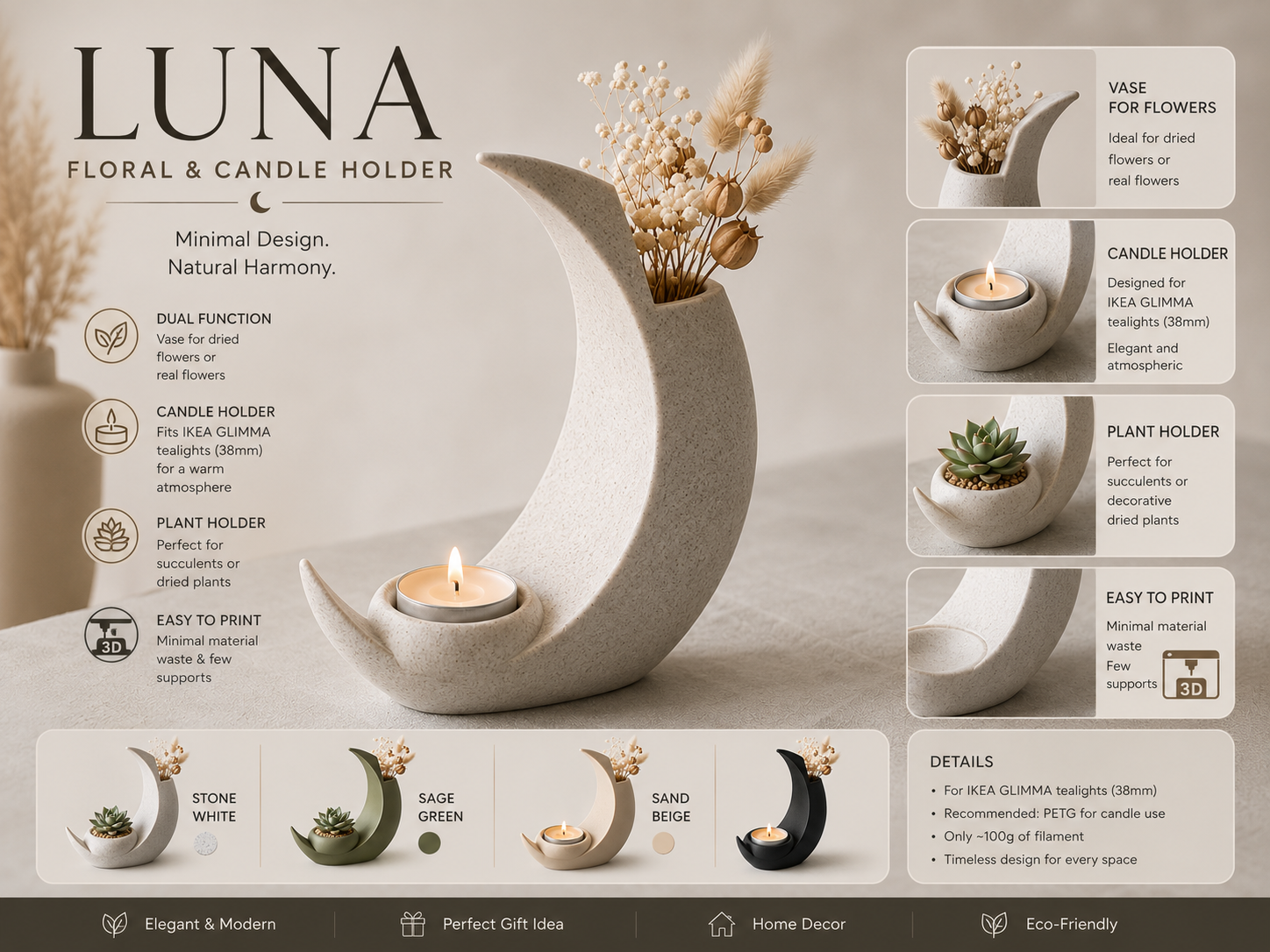 Luna — Moon Vase & Candle Holder 3D printable design